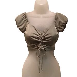 Almost Famous Crop Top Puff Sleeves Sage Tie-Back Drawstring Front Boho Sz Small